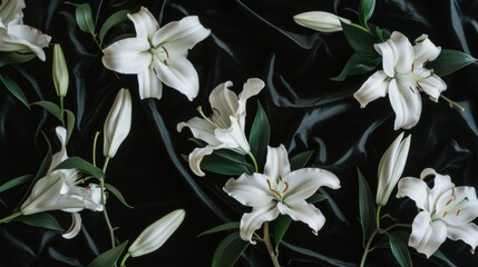 Beautiful White Lilies on Black Velvet Background AI Generated.