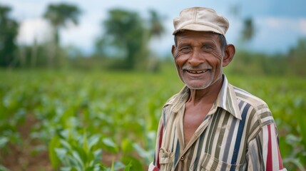 Naklejka na ściany i meble Smiling Farmer in Field with Lush Crops AI Generated.