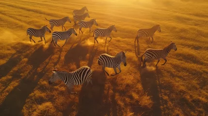 Zelfklevend Fotobehang Graceful Zebras Galloping in the Open with Cinematic Lighting AI Generated. © AnimalAI