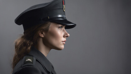 Commanding Presence: Side View of Army Girl in Black Cap

