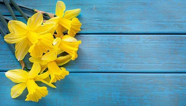 Spring background with Yellow daffodils flowers on blue wood texture. Beautiful Nature Rustic background. Web banner With Copy Space