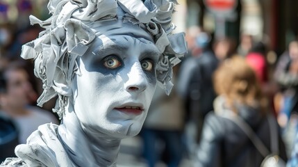 Fototapeta na wymiar Urban Street Performer Dressed as Statue in Dramatic Pose AI Generated.