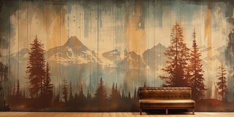 The vintage wallpaper in the old mountain cabin had a weathered and stained texture, adorned with retro stripes and grunge details, giving a nostalgic, Generative AI  - obrazy, fototapety, plakaty