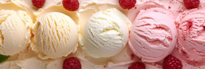Ice cream scoops with raspberries on a light background.