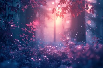 nature leaves wallpaper for desktop. Natural landscape background. Synthwave Style Leaf Background. fantasy forest with fireflies. night forest with fog background. Fantasy landscape forest at night. - obrazy, fototapety, plakaty