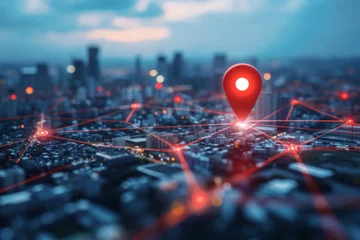 Foto op Plexiglas Red location marker on nighttime city map. © InfiniteStudio