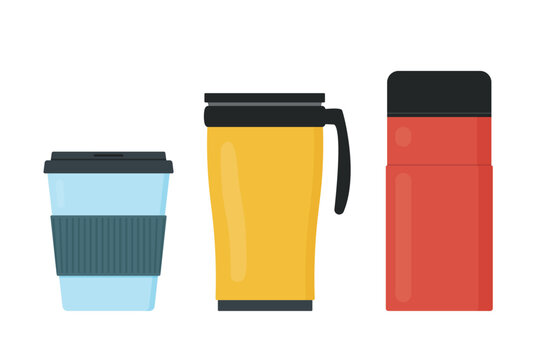 Set of reusable travel cups in different sizes. Simple, flat vector illustrations of to-go mugs, and tumblers.