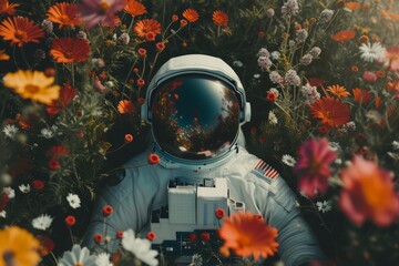 Astronaut laying in the colorful flower garden with top view. Concept of the relaxation in space cinematic fantasy dark light
