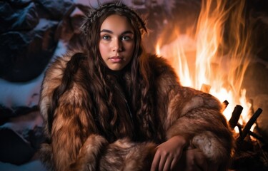 A woman in a fur coat sitting by a fire. Generative AI.