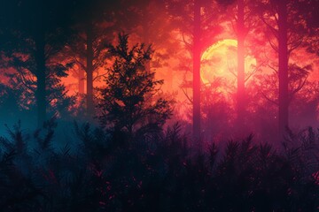 night forest with fog background. Fantasy landscape forest at night. night forest wallpaper for desktop. Natural landscape background. Synthwave Style Leaf Background. fantasy forest wallpaper.
