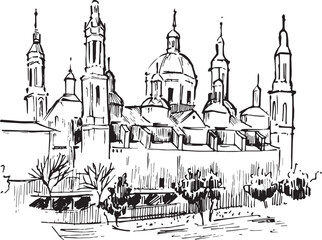 The Basílica de Nuestra Señora del Pilar ink illustration. Landscape ink sketch. Historical structure vector drawing. Isolated on white background.