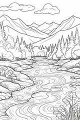 Landscape of a lake in the mountains. Hand-drawn illustration.