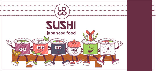 Vintage Japanese food character Sushi. Roll mascot groovy style psychedelic smile. Cartoon design banner seafood for bar, restaurant. Retro vector illustration.