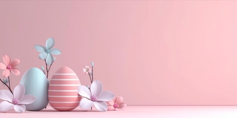 Happy Easter banner and poster template with Easter eggs on pink background, Concept of egg decorating art and egg hunt - obrazy, fototapety, plakaty