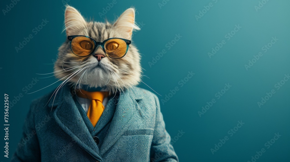 Canvas Prints A cat wearing a suit and tie with orange glasses, AI