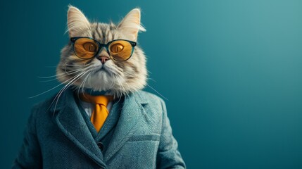A cat wearing a suit and tie with orange glasses, AI - 735622507