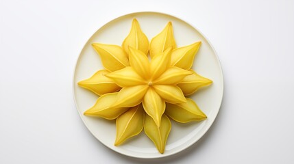 Carambola, on a white round plate, on a white background, top view