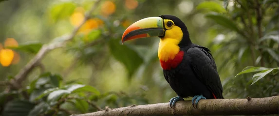 Papier Peint photo autocollant Toucan A stunning portrayal of Costa Rica's vibrant wildlife, featuring a beautiful toucan in the lush rainforest, where nature's palette blends black, yellow, and red in perfect harmony