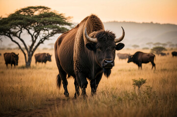A powerful male buffalo, adorned with impressive horns, grazes peacefully in the grass, symbolizing the grandeur and untamed beauty of African wildlife on the safari.