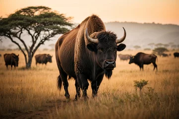 Poster de jardin Parc national du Cap Le Grand, Australie occidentale A powerful male buffalo, adorned with impressive horns, grazes peacefully in the grass, symbolizing the grandeur and untamed beauty of African wildlife on the safari.