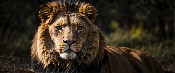 A male lion with a glorious mane, epitomizing the regal essence of wildlife in Africa, stands as a powerful symbol of nature's charismatic carnivores in their majestic safari habitat.