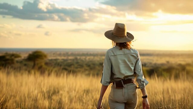 Young woman in cowboy hat standing in the field at sunset. Back view.