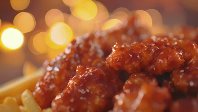 Succulent chicken tenders tossed in a tangy buffalo sauce complete with a hint of heat and a touch of sweetness served with a side of crispy fries.