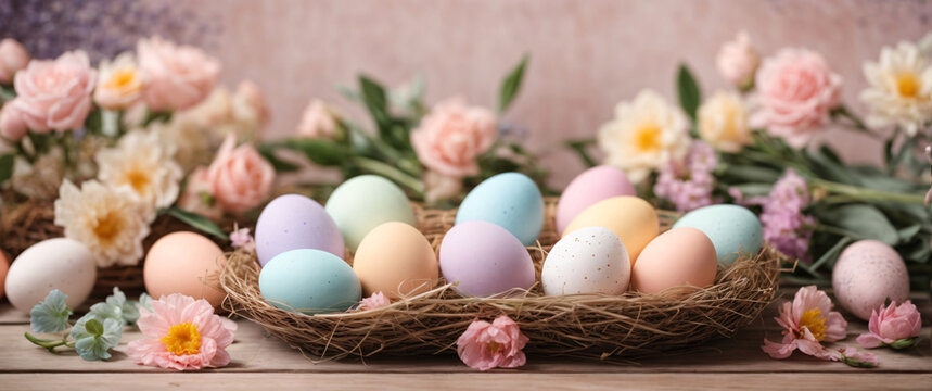A multicolored Easter egg, adorned with seasonal charm and set against a backdrop of soft pastels, offers a delightful celebration of springtime traditions with ample copy space.