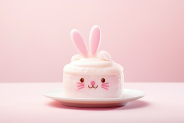 Decorated Easter bunny celebration cake on pink background. Cute cake with bunny as present for...