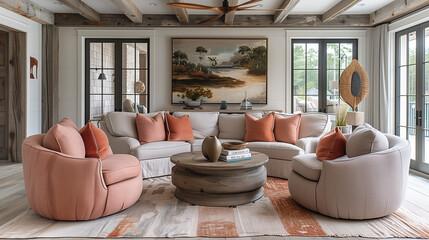 beautiful small space casual living family room soft neutral wood beams and a gorgeous grouping of swivel color fabric chairs around a striking coffee table coastal design nature freshness hom