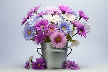 Bouquet of daisies in a bucket on a gray background