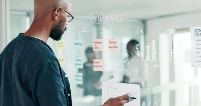 Glass wall, business and black man with brainstorming, writing and planning with a project director and creativity. African person, employee or consultant with schedule or sticky note with PR company