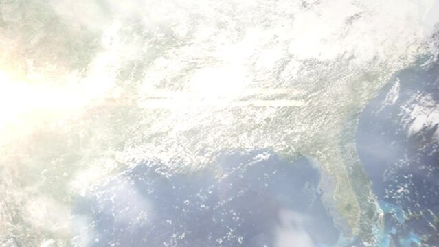 Earth zoom in from space and focus on Laurel, Mississippi, USA. 3D Animation. Satellite view. Background for travel intro. Images from NASA.
