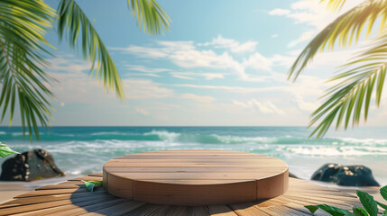Summer product display on wooden podium at sea tropical beach. 
