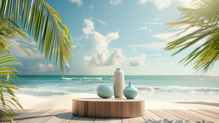 Obraz premium Summer product display on wooden podium at sea tropical beach. 