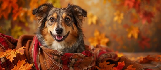 An adorable brown dog happily lying in a colorful autumn pile of leaves in the park
