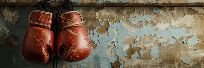 Worn red boxing gloves hanging on wall - Powered by Adobe