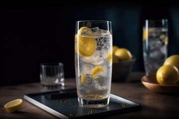 Carbonated lemonade. Glass goblet with transparent drink and slice of lemon on wooden table on dark background. Horizontal banner with space for text. Alcoholic drink. Vodka, gin tonic. Copyspace