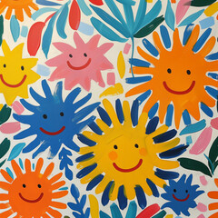Children's hand drawing of the sun and flowers