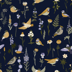 vector drawing birds , flowers and leaves , hand drawn seamless pattern, natural background, cartoon cover