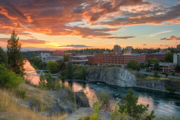 Obraz premium Scenic vista of urban Spokane, Washington with its downtown and Riverfront Park