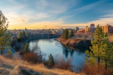Fototapeta premium Scenic vista of urban Spokane, Washington with its downtown and Riverfront Park