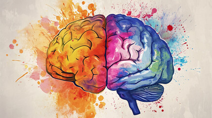 concept of mental health, vibrant and colorful of a human brain, with each hemisphere painted in a different set of colors