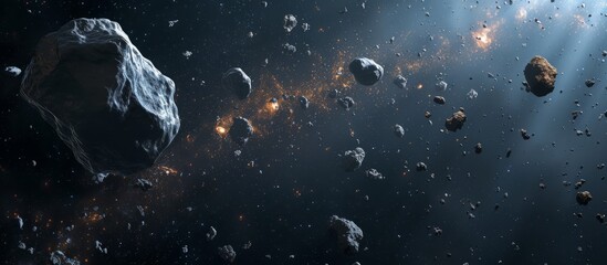 A dramatic scene of a cluster of asteroids soaring through the eerie, starless expanse of deep space
