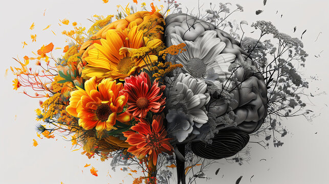 concept of mental health, brain, one part of the brain is covered with bright flowers, the other is dark with wilted flowers