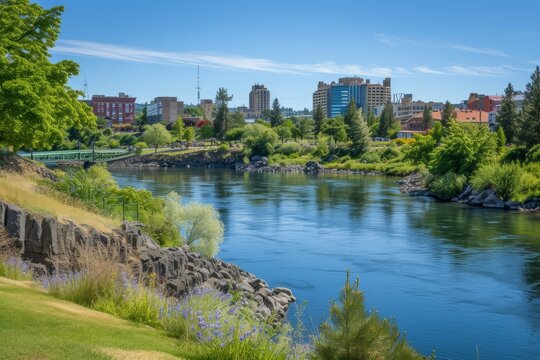 Scenic vista of urban Spokane, Washington with its downtown and Riverfront Park