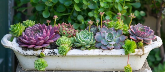 A Beautiful Ceramic Pot of Succulent Plants Sitting in a Lush Green Garden Outdoors