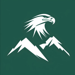 A logo illustration of an eagle soaring above a majestic mountain landscape. Created with generative AI.