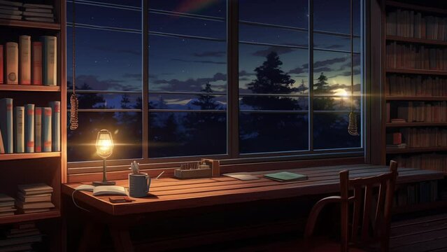 Animated illustration of a study table with educational ornaments and books at night. Digital painting or cartoon anime style, animated background. 4k loop background.
