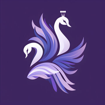 A logo illustration of a magnificent peacock beside a graceful swan in a luxurious purple ambiance. Created with generative AI.